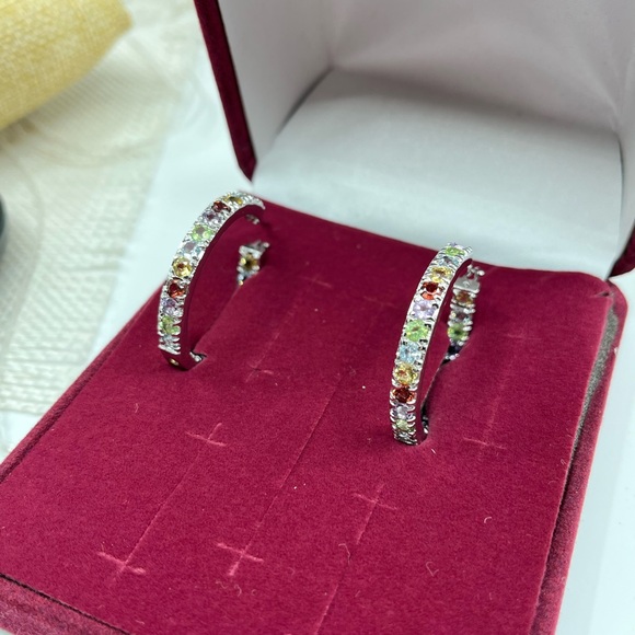 Vintage 925 Sterling Silver Multicolor Gemstone Hoop Earrings - Picture 14 of 16